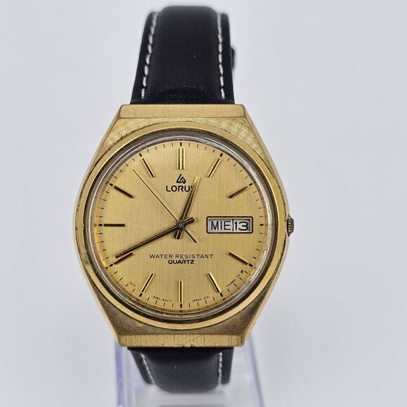 VTG Lorus Men's Watch 36MM Gold Dial DayDate New Black Leather Bands New Battery - Picture 1 of 16